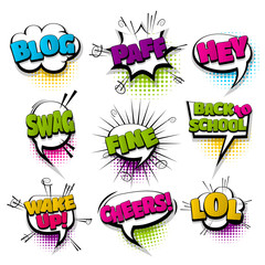 blog hey lol swag set hand drawn pictures effects template comics speech bubble halftone dot background pop art style. Comic dialog cloud, text pop-art. Idea conversation sketch explosion.