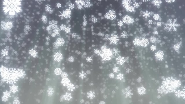 Christmas snowflakes loop, grey version. Holiday background of snow falling. In 4K and HD.