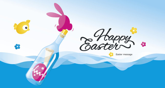 Happy Easter message in the bottle at the sea blue pink greeting card