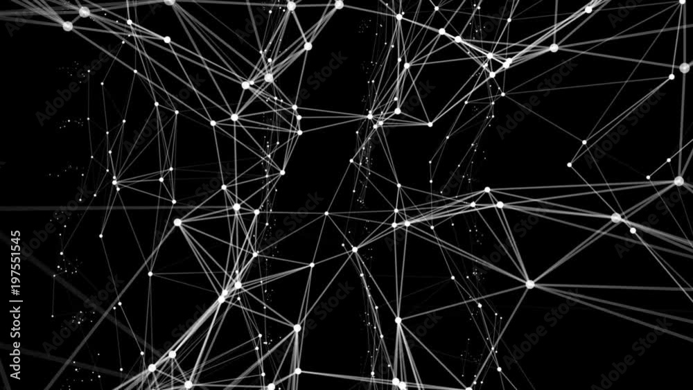 Poster Transforming structure of points, lines and triangles. The points are connected and disconnected. Black background. Place for text. Cinematographic space business background. Seamless loop.
