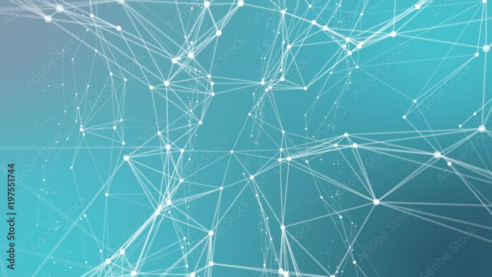 Poster Transforming structure of points, lines and triangles. The points are connected and disconnected. Multicolored background. Place for text. Cinematographic space business background. Seamless loop.