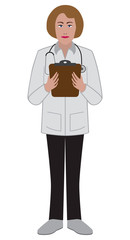 A flat vector cartoon female doctor is holding a clipboard