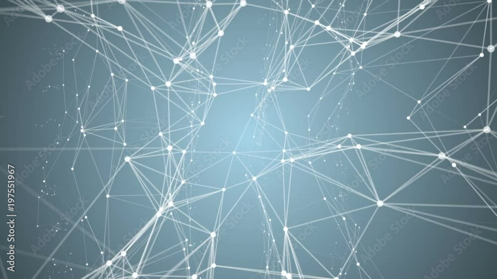Poster Transforming structure of points, lines and triangles. The points are connected and disconnected. Blue gradient background. Place for text. Cinematographic space business background. Seamless loop.