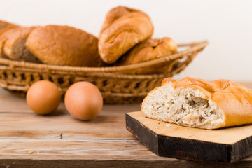 Rustic pie breakfast on a wooden table