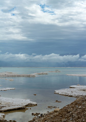 Panorama photo of lowest salty lake in world Dead sea near touristic place Ein Bokek, place for medical treatments and spa.