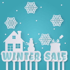 winter sale ads for holiday discount promotion with house, snow, snowman, gift in paper art style