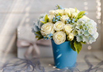 Exquisite spring bouquet. Blue and white wedding flowers. Wedding floral decorations. Floristic...