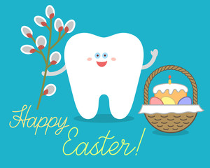 Cartoon tooth holds a willow branch, stands near Easter basket with bread or traditional cake, eggs. Greeting card from dentistry. Happy Easter! Illustration on blue background.