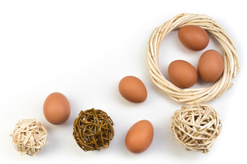 Happy Easter. eggs isolated on white background. Balls, wreath woven from the vines. Copy space for text. Top view