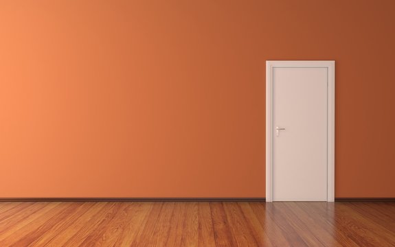 Empty room with wooden floor and white door on orange wall