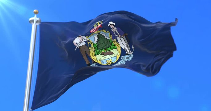 Flag of american state of Maine, region of the United States, waving at wind - loop