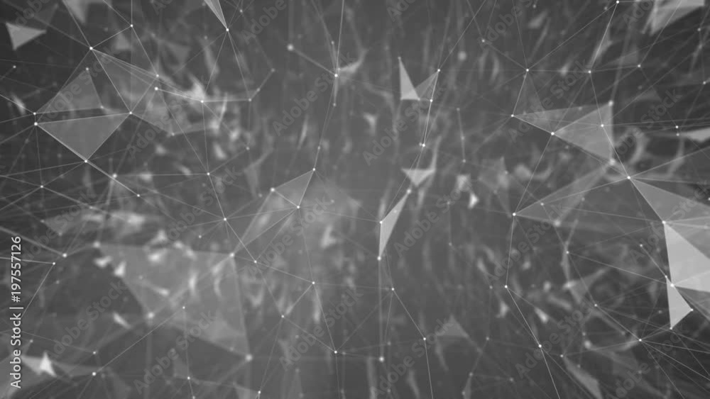 Poster Transforming structure of points, lines and triangles. The camera flies inside the structure. Gray background. Depth of field. Place for text. Cinematographic space business background. Seamless loop.