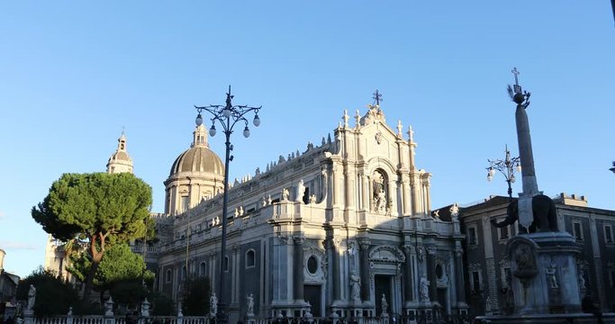 Catania Sicily Italy - The main square, the elephant statue and the Cathedral of Catania at sunset