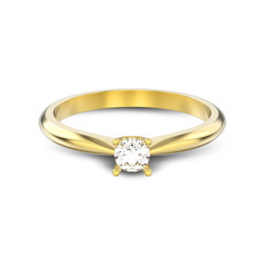 3D illustration isolated yellow gold traditional solitaire engagement diamond ring with shadow