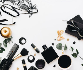 Fototapeta na wymiar Flat Lay Black Accessories for Women. Beauty Blogger concept