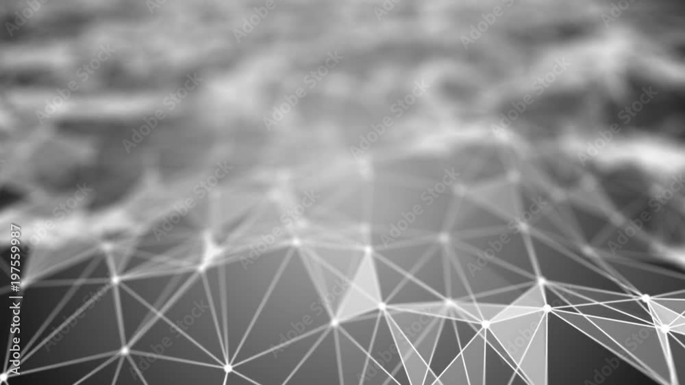 Poster Transforming wave from points, lines and triangles. Gray gradient background. Place for text. Depth of field. Cinematographic space business background. Seamless loop.