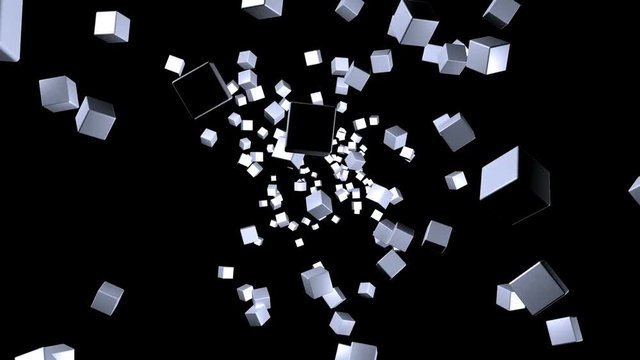 Background with simple cubes on black, moving and rotating to the center, Looping (3D Rendering)