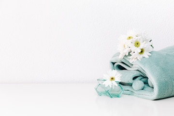 White spring flowers and blanket. Winter Spring Concept