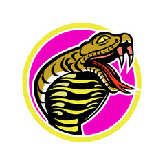 Mascot icon illustration of king cobra, Ophiophagus hannah, or hamadryad, a venomous snake in family Elapidae, endemic to Southeast Asia set inside circle on isolated background in retro style.