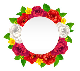 Vector red, pink and white flowers frame with empty round paper label for your greetings
