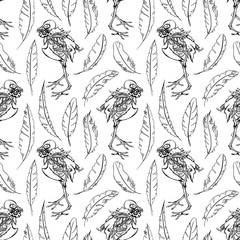 Monochrome skeleton dove pigeon feather bird animal ink line art seamless pattern texture background vector
