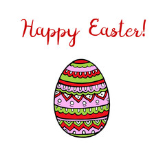 Happy Easter lettering for greeting card. Hand draw text happy holiday card with colorful egg. Vector illustration.