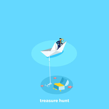 a man in a business suit with a magnifying glass stands on a paper boat, searching for a treasure or a great fortune, an isometric image