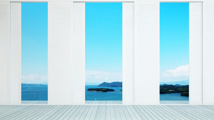 Light blue floor and white door open to sea view in hotel or resort - simple design artwork for summer - 3D Rendering