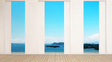 Fototapeta premium White door open to sea view in hotel or resort - simple design artwork for summer - 3D Rendering