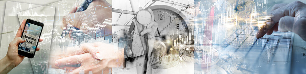 Economics, business, statistics, money and time in a double exposure. Concept of modern business.