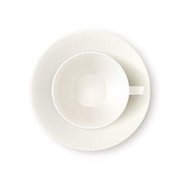 Vector realistic 3d illustration of white empty cup, isolated on white background. Tea or coffee mug on saucer, top view icon.
