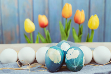 Happy Easter, organic blue easter egg in the middle of white color eggs wait for painting, easter holiday decorations, easter concept backgrounds with copy space