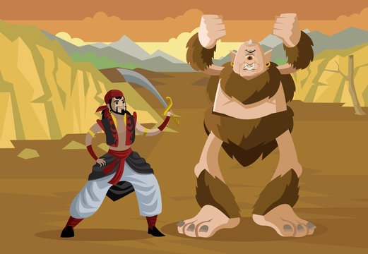 arabian adventurer fighting a cyclops
