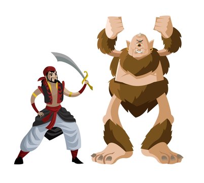 arabian adventurer fighting a cyclops