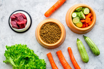 dry organic pet food with fresh vegetables and meat in plastic bowl for feeding dogs on stone background top view pattern
