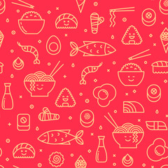 Seamless pattern with icons of Japanese food Sushi, rice, rolls, fish and maki.. Red background. Smiling faces kawaij, line art.