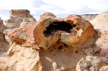 Eroded sandstone hoodoos in the badlands of the Bisti De Na Zin wilderness in Northern New Mexico