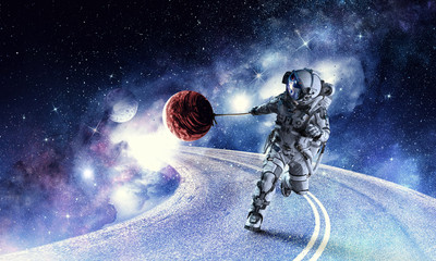 Fantasy image with spaceman catch planet. Mixed media