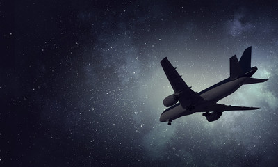 Airliner in sky. Mixed media