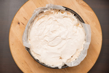 Pavlova Cake Traditional Iconic Australian Dessert. Non Decorated Homemade Meringue Cake Base