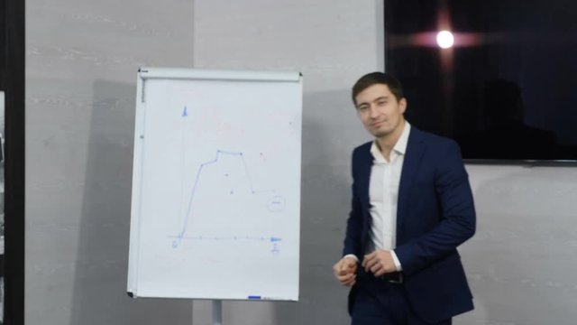 At the begining - out of focus, then Man comes into focus,Portrait of young successful businessman or office worker excited happy cheerful smiling. Success and achievement concept. Shot in 4 k