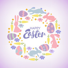 Easter card with cute bunnies, chickens and, owl and flowers in cartoon style