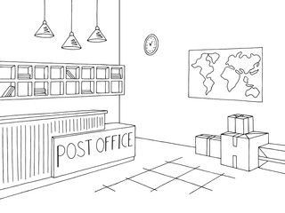 Post office graphic interior black white sketch illustration vector