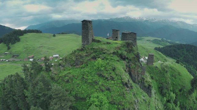 Omalo Village and watchtowers in Caucasus mountains epic flight hills and Georgian valley beauty nature georgia animals waterwall drone 4k