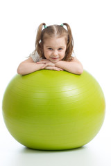 Fototapeta na wymiar Smiling pretty child girl with fitness ball. Isolated on white background.