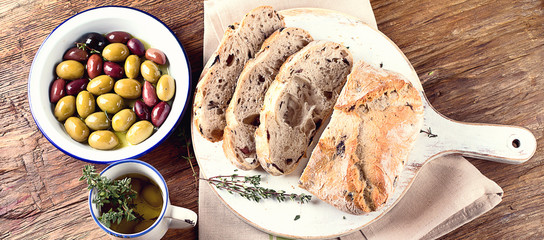 Olives bread ciabatta, olives mix.