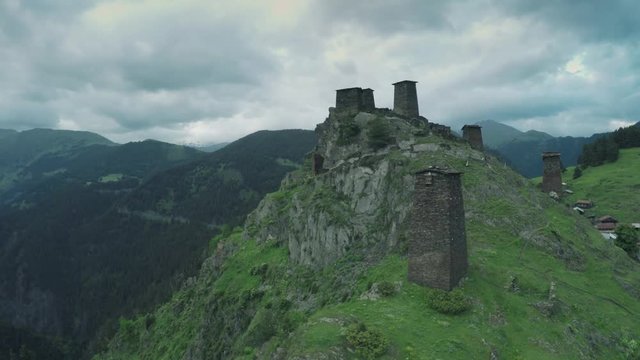 Omalo Village and watchtowers in Caucasus mountains epic flight hills and Georgian valley beauty nature georgia animals waterwall drone 4k