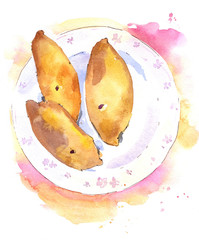 pasties on plate on yellow pink background watercolor sketch illustration