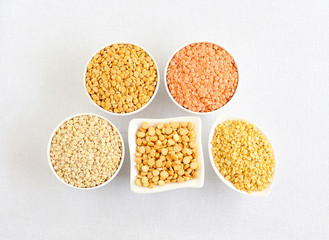 Lentils, different types, including toor, masoor, moong, urad and chana dal, which are used in some...