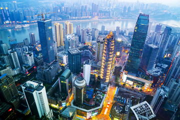 Fototapeta na wymiar A bird's eye view of the skyline and architectural landscape of the Chongqing river at sunset